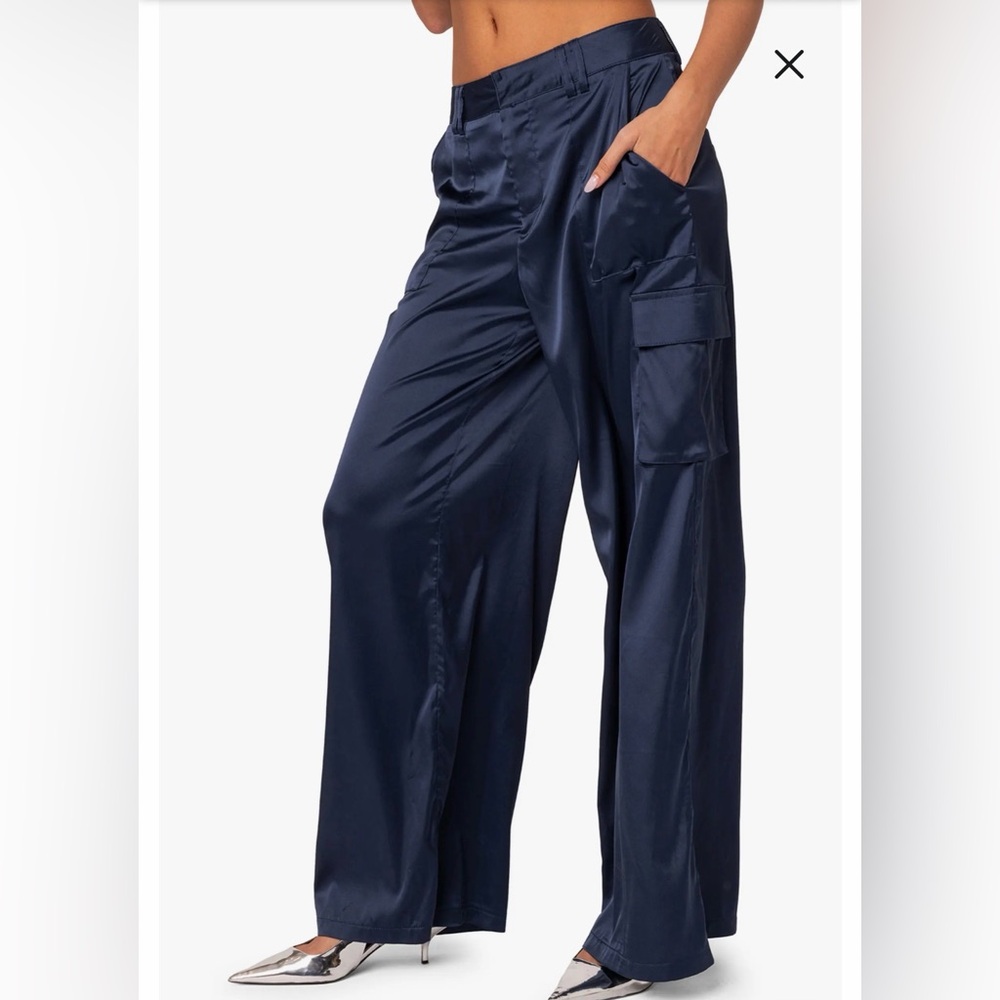 NWOT Edikted Navy Blue Kelsey Baggy Satin Cargo Pants